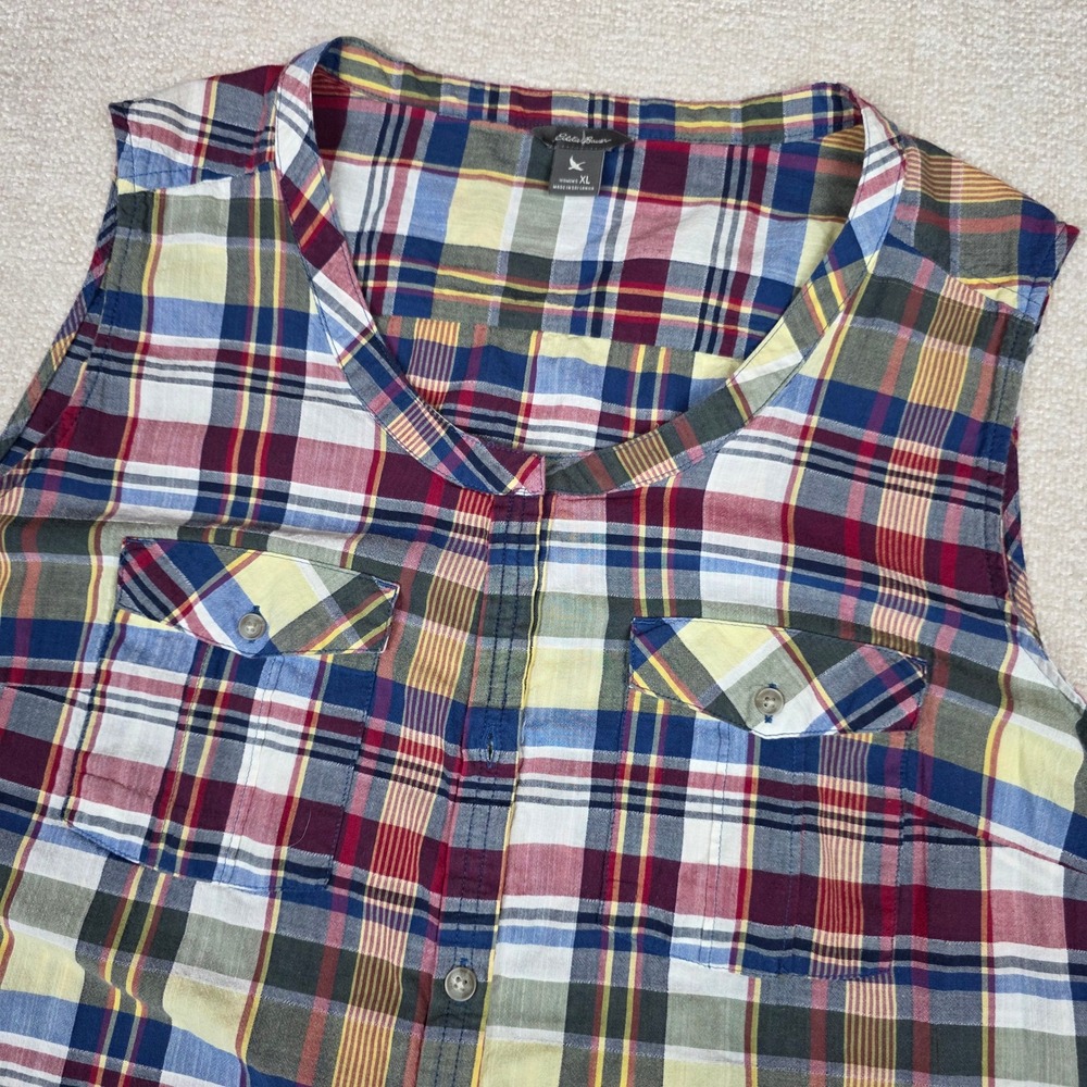 Eddie Bauer Womens XL Plaid Sleeveless Button Down Shirt Multi Color 21801394